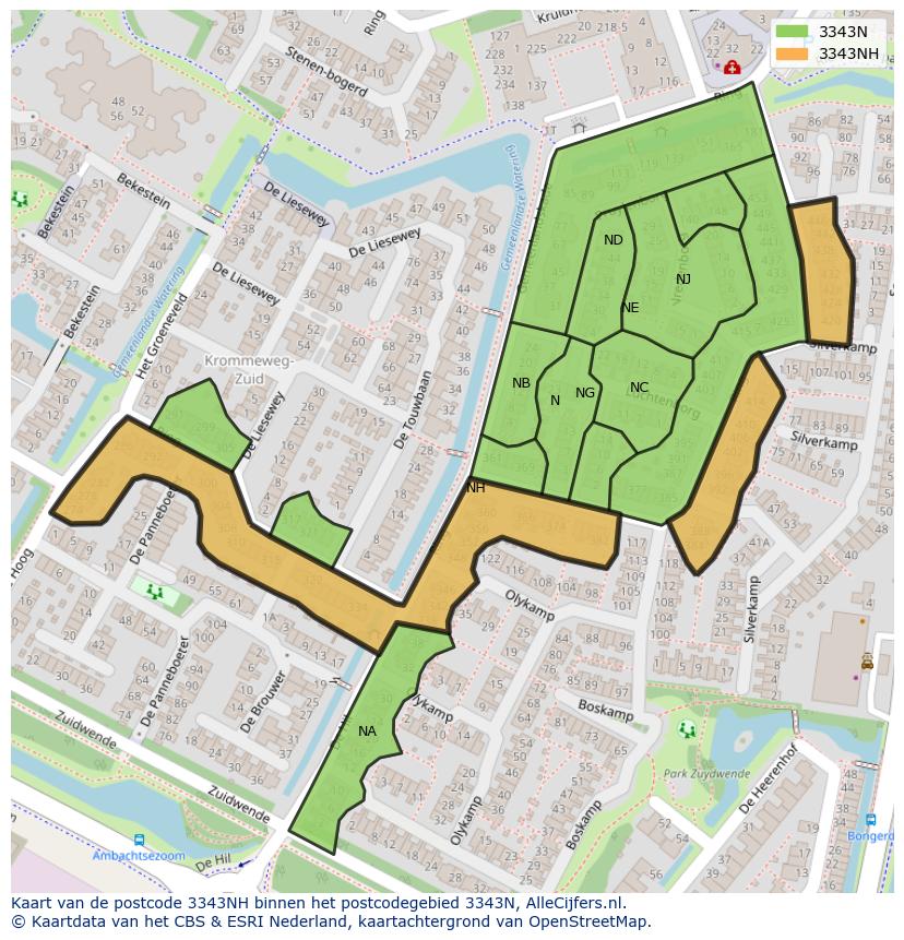 Afbeelding van het postcodegebied 3343 NH op de kaart.