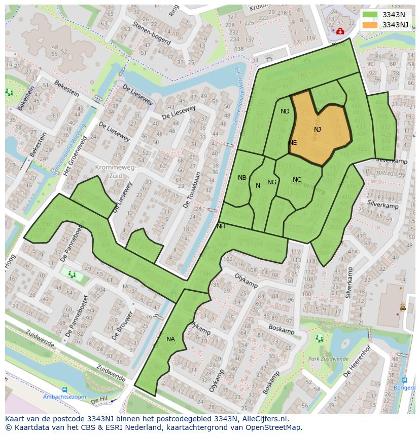 Afbeelding van het postcodegebied 3343 NJ op de kaart.