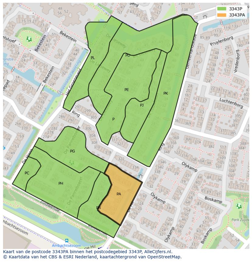 Afbeelding van het postcodegebied 3343 PA op de kaart.
