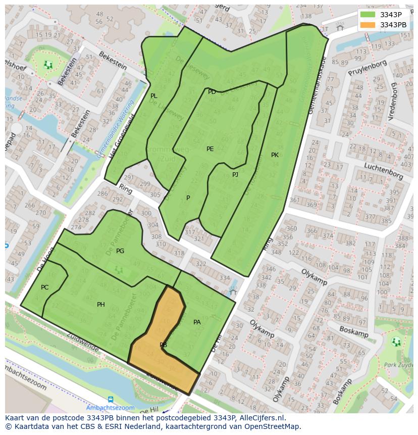Afbeelding van het postcodegebied 3343 PB op de kaart.