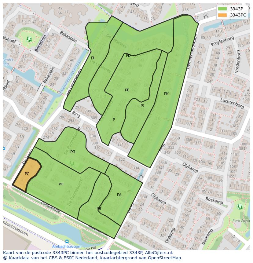 Afbeelding van het postcodegebied 3343 PC op de kaart.