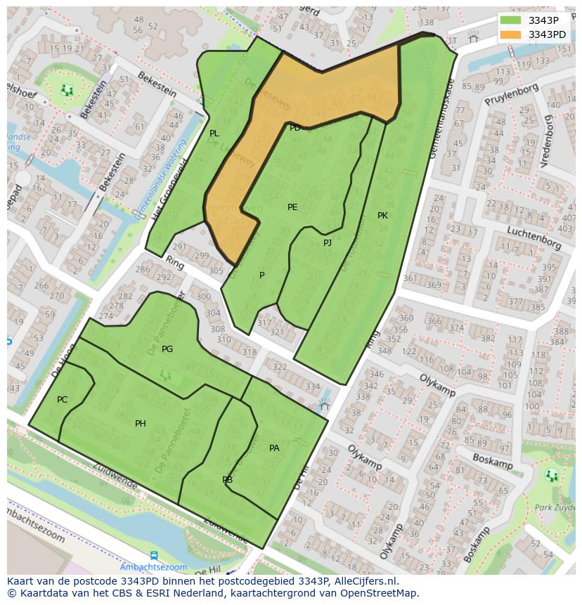 Afbeelding van het postcodegebied 3343 PD op de kaart.