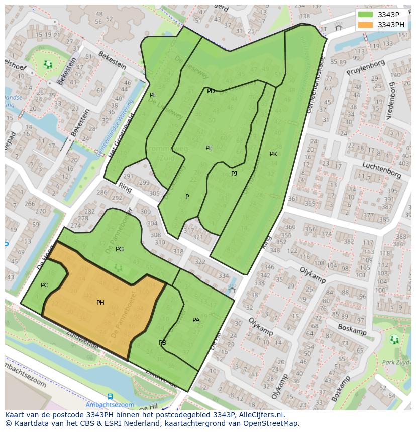 Afbeelding van het postcodegebied 3343 PH op de kaart.