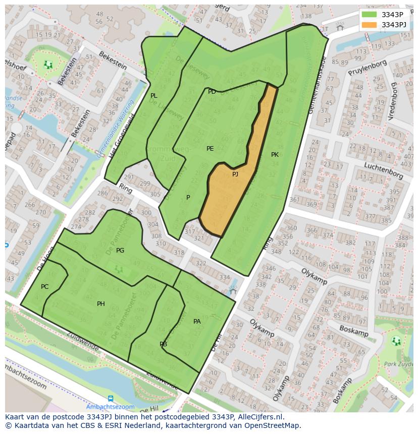 Afbeelding van het postcodegebied 3343 PJ op de kaart.