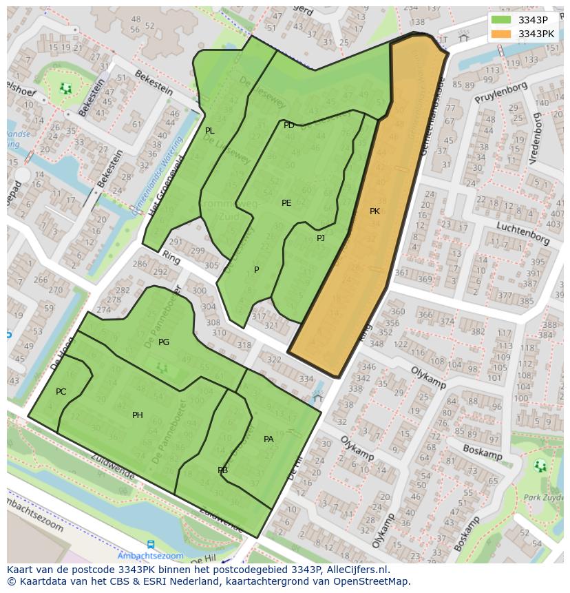 Afbeelding van het postcodegebied 3343 PK op de kaart.