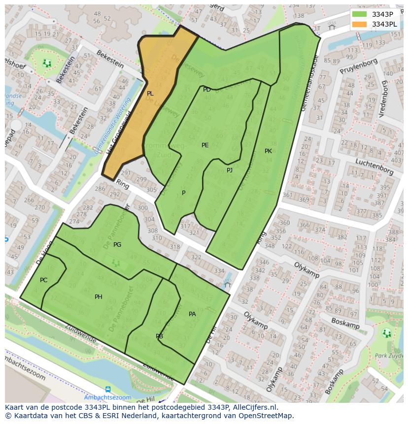 Afbeelding van het postcodegebied 3343 PL op de kaart.