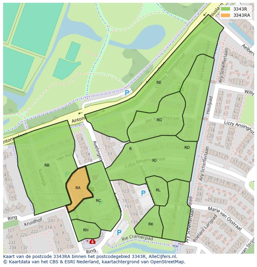 Afbeelding van het postcodegebied 3343 RA op de kaart.