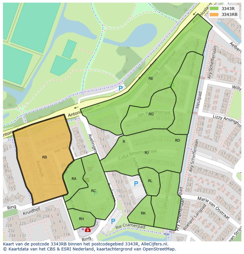 Afbeelding van het postcodegebied 3343 RB op de kaart.