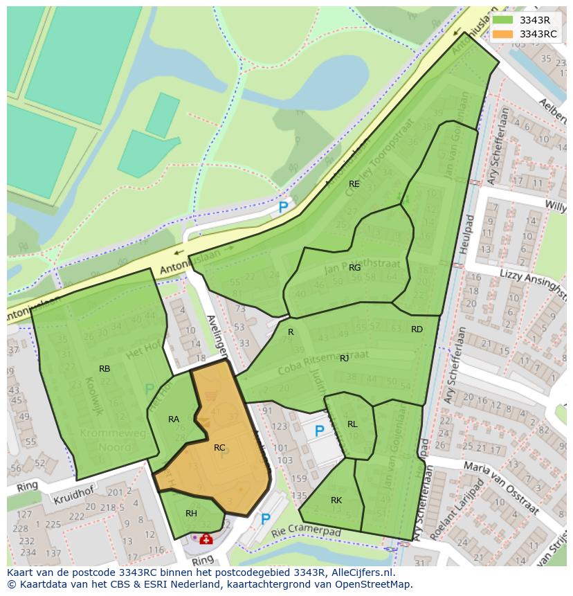 Afbeelding van het postcodegebied 3343 RC op de kaart.