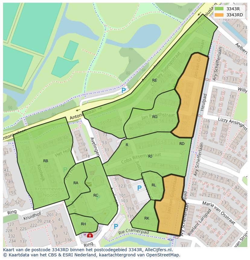 Afbeelding van het postcodegebied 3343 RD op de kaart.