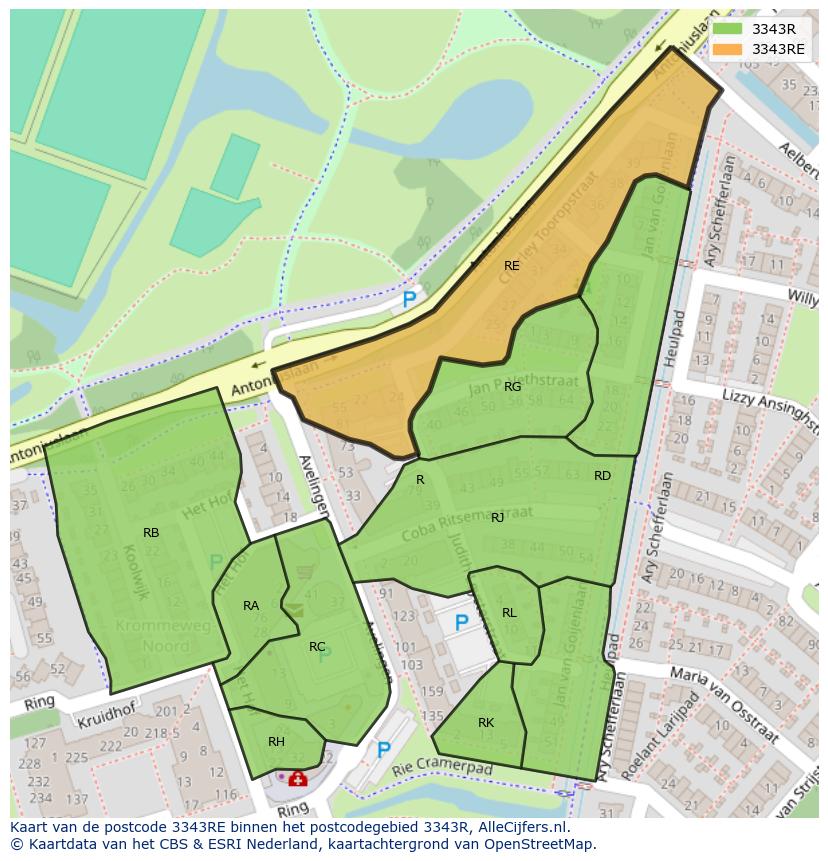 Afbeelding van het postcodegebied 3343 RE op de kaart.