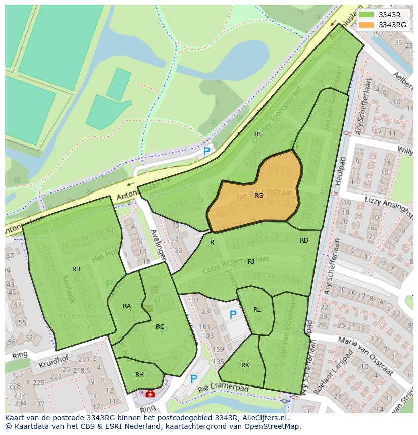 Afbeelding van het postcodegebied 3343 RG op de kaart.