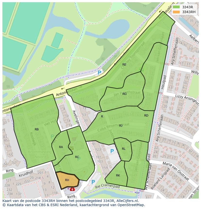 Afbeelding van het postcodegebied 3343 RH op de kaart.
