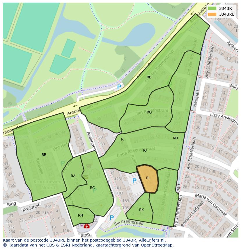 Afbeelding van het postcodegebied 3343 RL op de kaart.