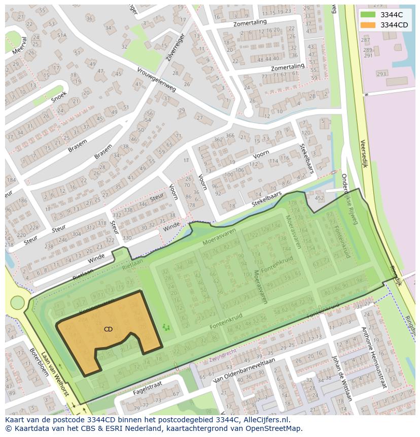 Afbeelding van het postcodegebied 3344 CD op de kaart.