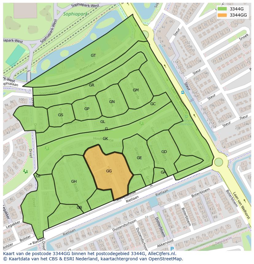 Afbeelding van het postcodegebied 3344 GG op de kaart.