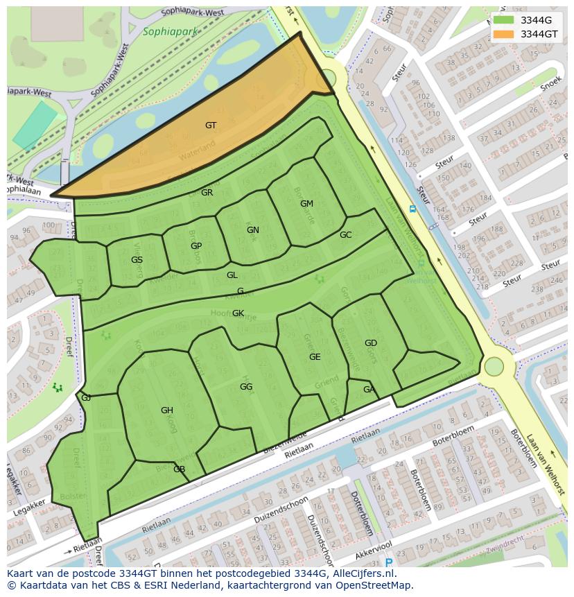 Afbeelding van het postcodegebied 3344 GT op de kaart.