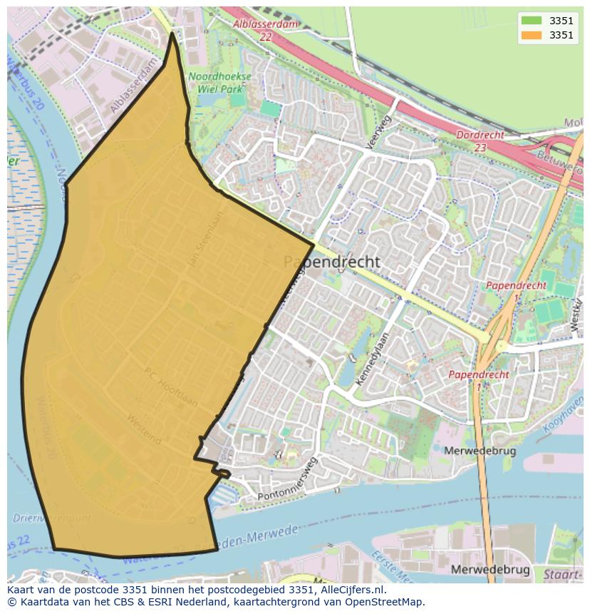 Afbeelding van het postcodegebied 3351 op de kaart.