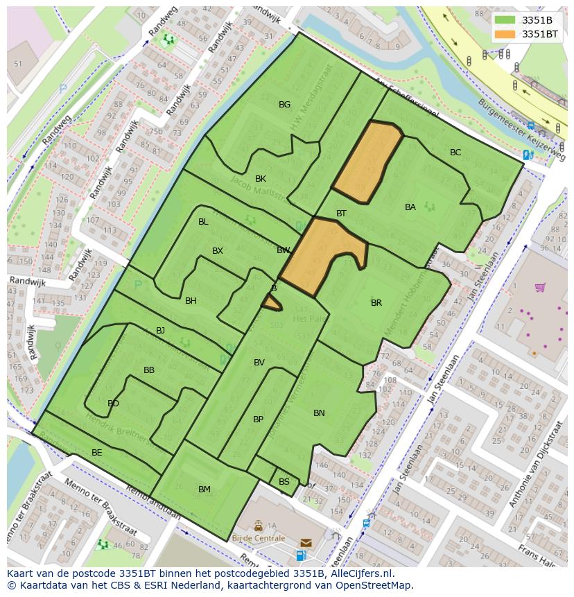 Afbeelding van het postcodegebied 3351 BT op de kaart.