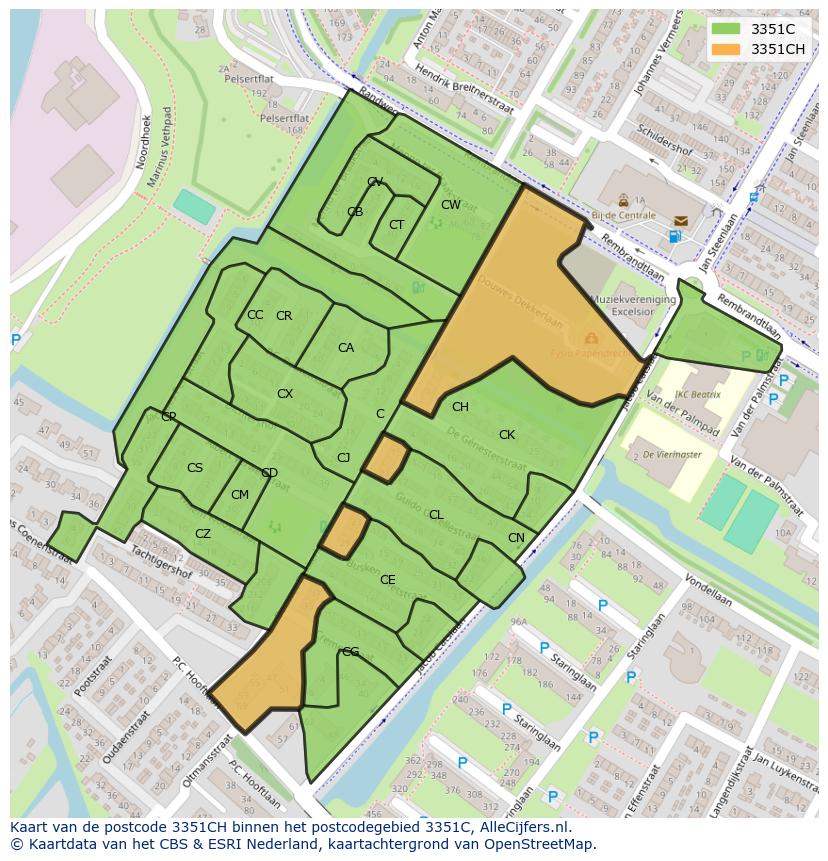 Afbeelding van het postcodegebied 3351 CH op de kaart.