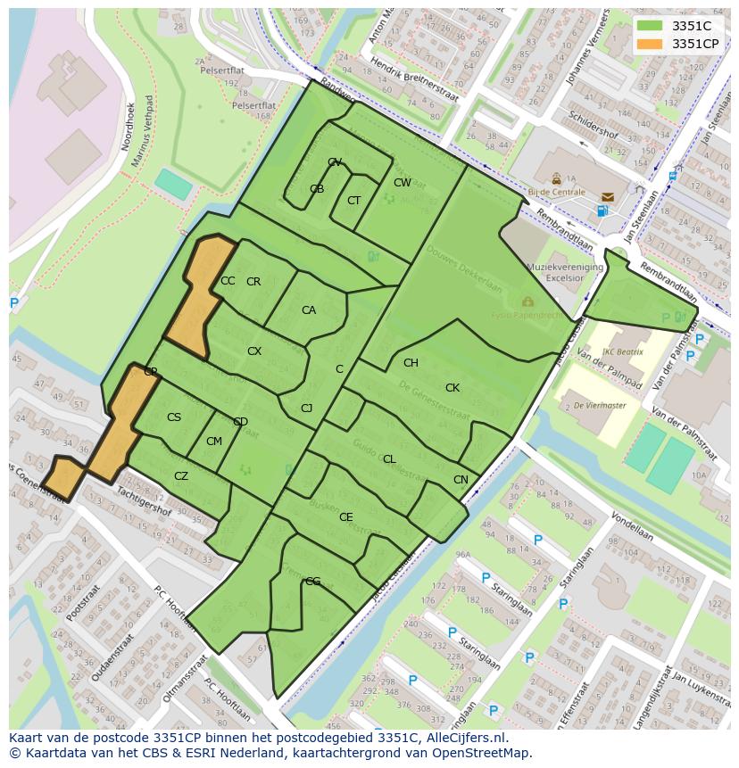 Afbeelding van het postcodegebied 3351 CP op de kaart.
