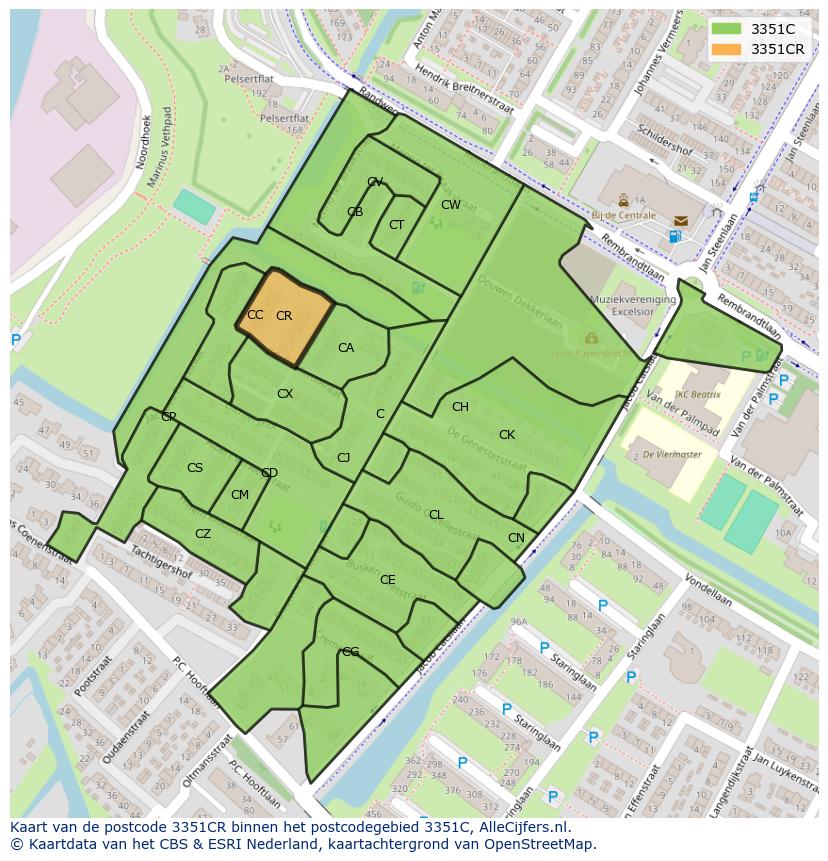 Afbeelding van het postcodegebied 3351 CR op de kaart.