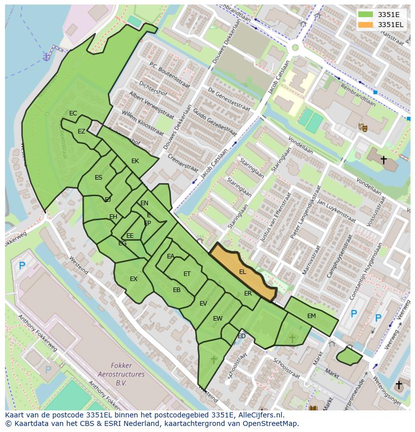 Afbeelding van het postcodegebied 3351 EL op de kaart.