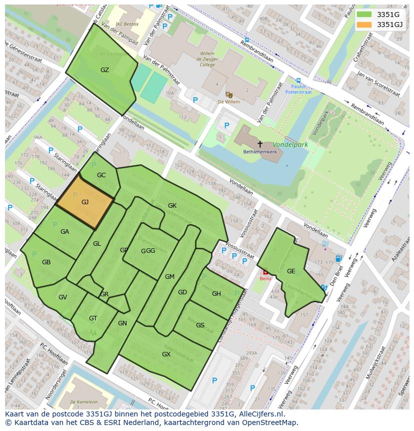 Afbeelding van het postcodegebied 3351 GJ op de kaart.