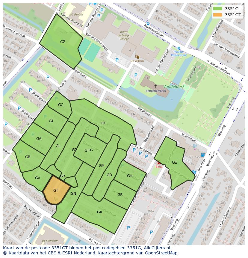 Afbeelding van het postcodegebied 3351 GT op de kaart.
