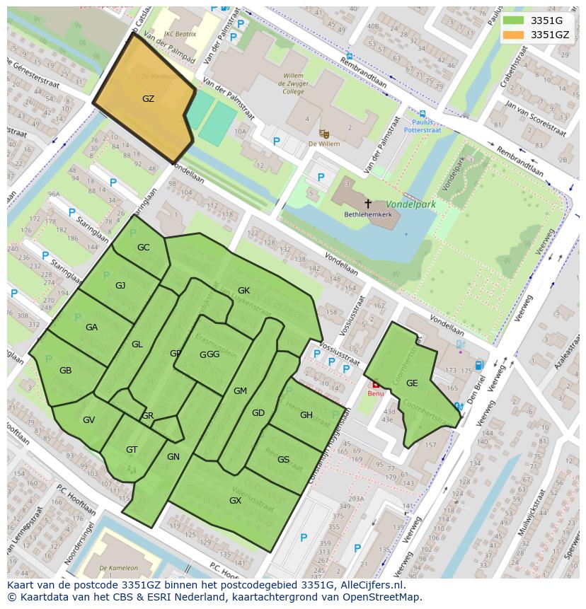 Afbeelding van het postcodegebied 3351 GZ op de kaart.