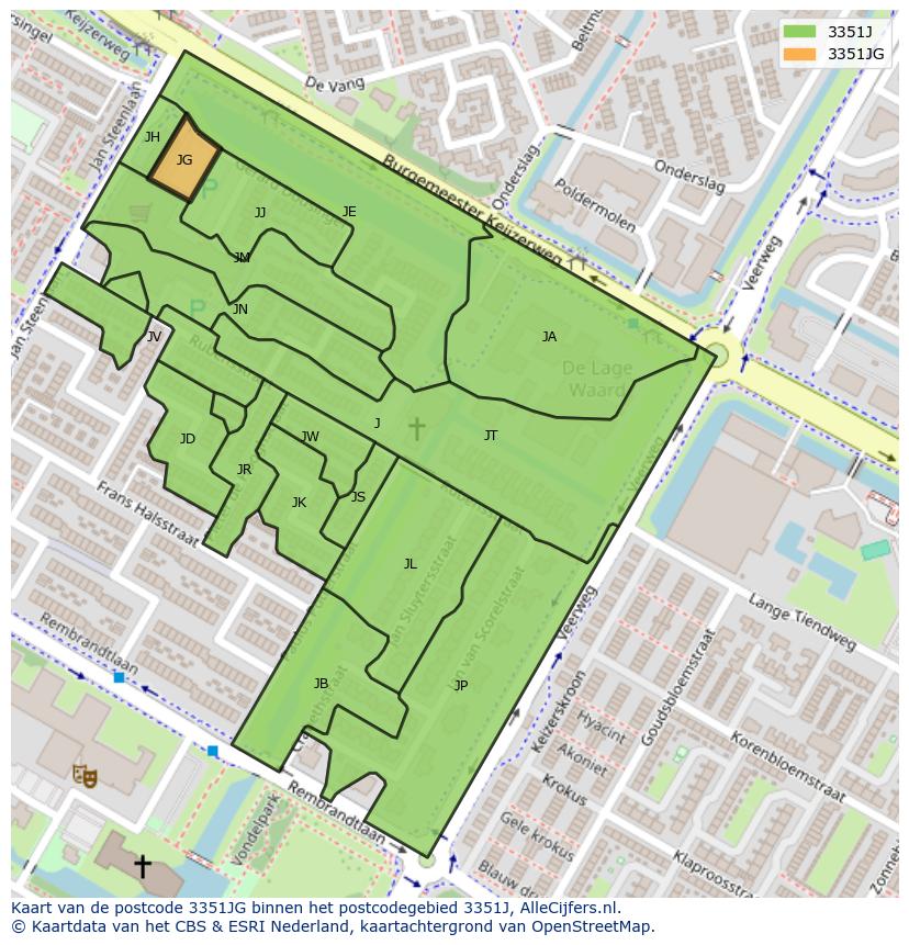 Afbeelding van het postcodegebied 3351 JG op de kaart.