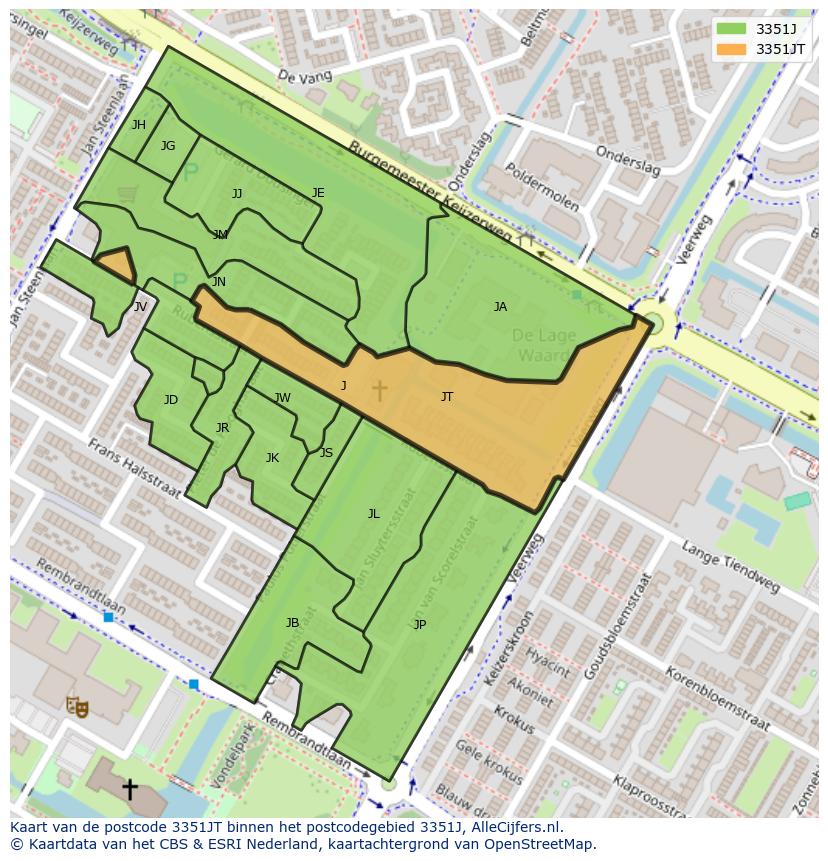 Afbeelding van het postcodegebied 3351 JT op de kaart.