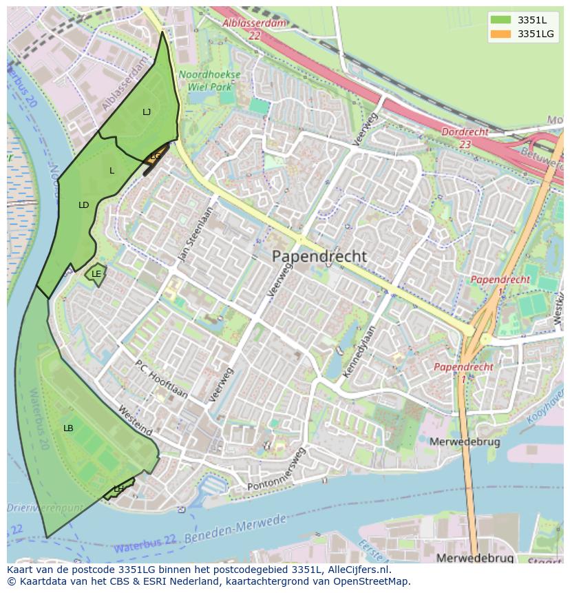 Afbeelding van het postcodegebied 3351 LG op de kaart.