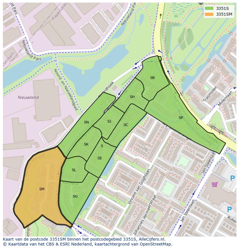 Afbeelding van het postcodegebied 3351 SM op de kaart.