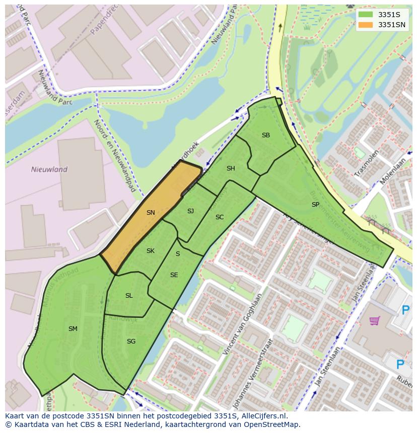 Afbeelding van het postcodegebied 3351 SN op de kaart.