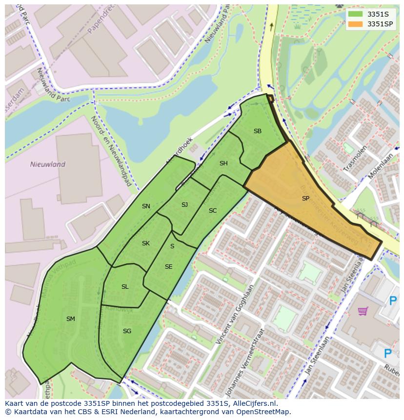 Afbeelding van het postcodegebied 3351 SP op de kaart.