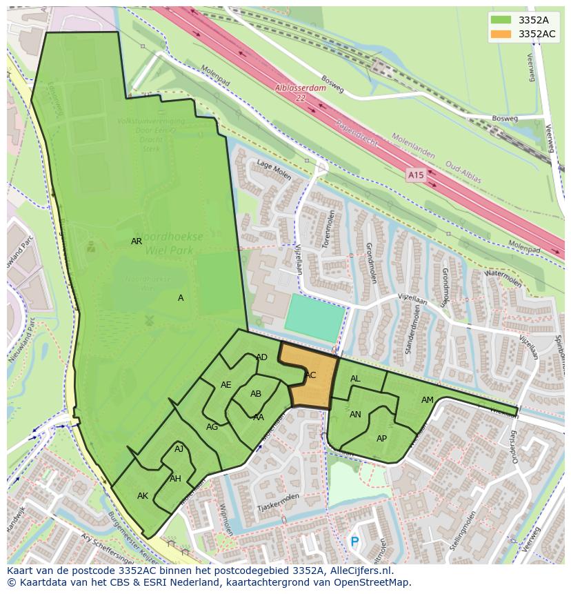 Afbeelding van het postcodegebied 3352 AC op de kaart.