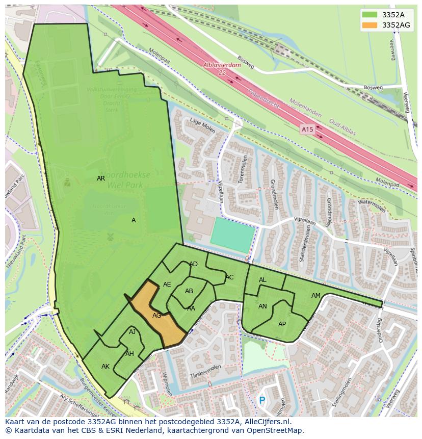 Afbeelding van het postcodegebied 3352 AG op de kaart.
