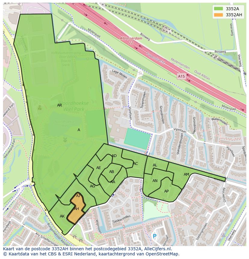 Afbeelding van het postcodegebied 3352 AH op de kaart.