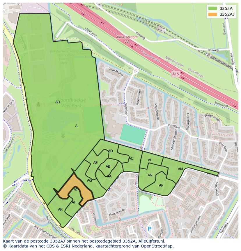 Afbeelding van het postcodegebied 3352 AJ op de kaart.