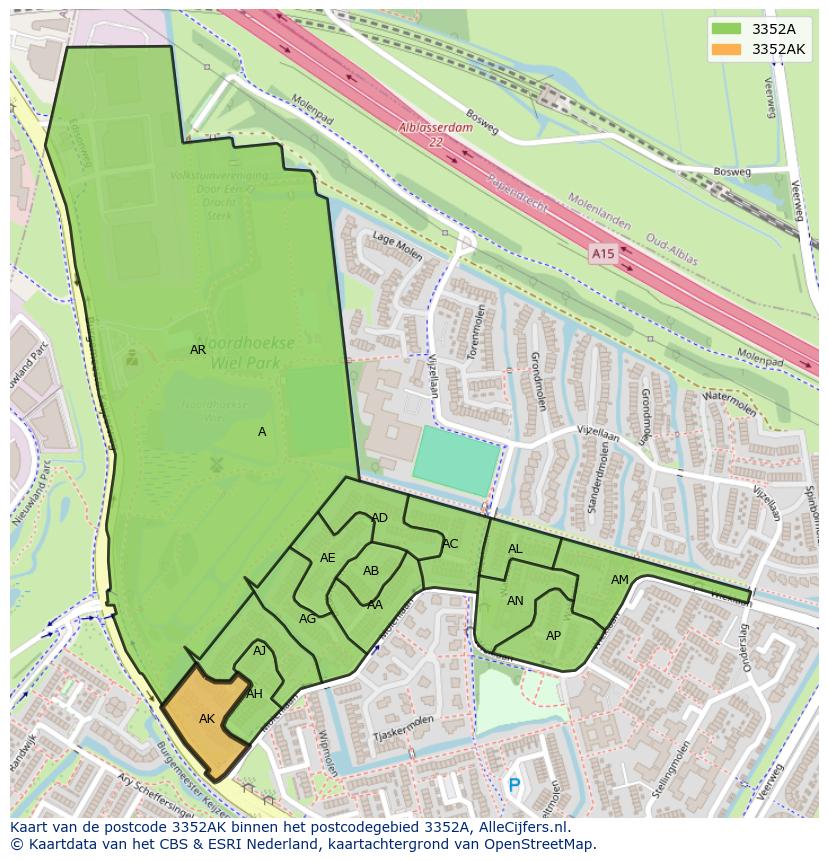 Afbeelding van het postcodegebied 3352 AK op de kaart.