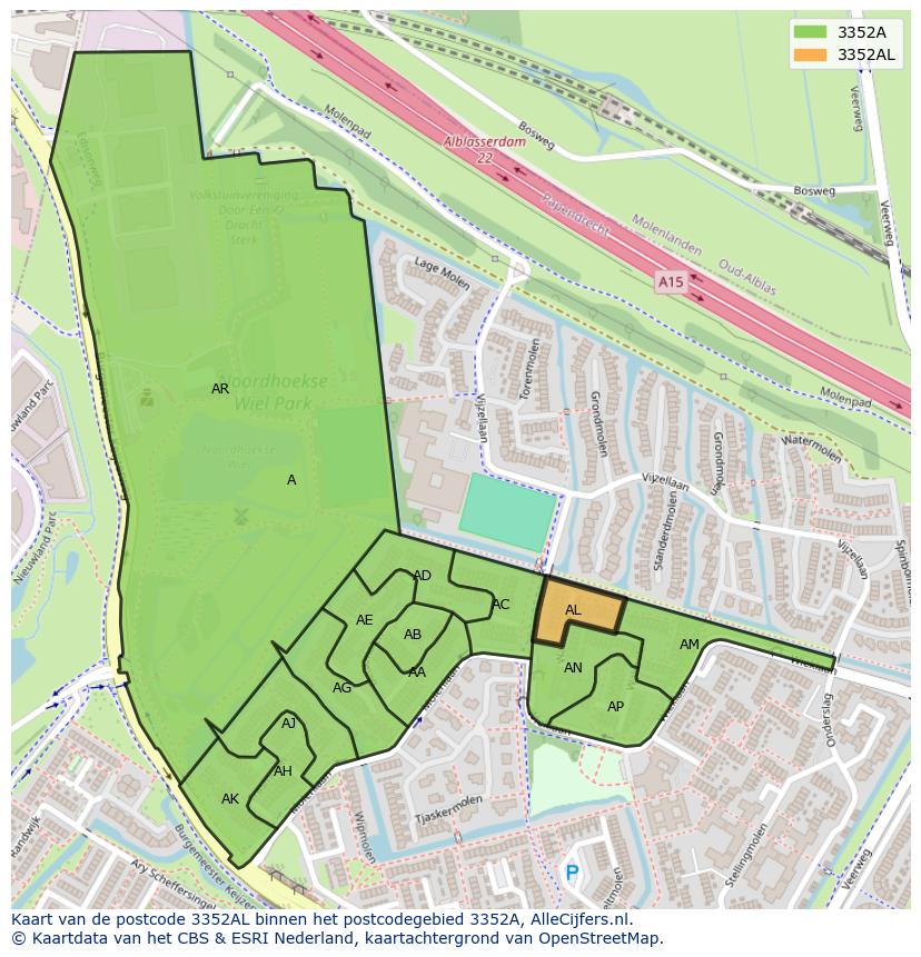 Afbeelding van het postcodegebied 3352 AL op de kaart.