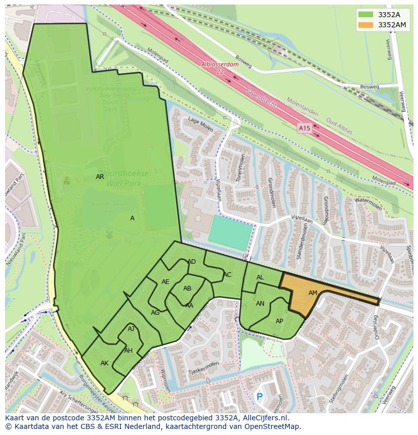 Afbeelding van het postcodegebied 3352 AM op de kaart.