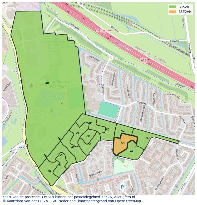 Afbeelding van het postcodegebied 3352 AN op de kaart.