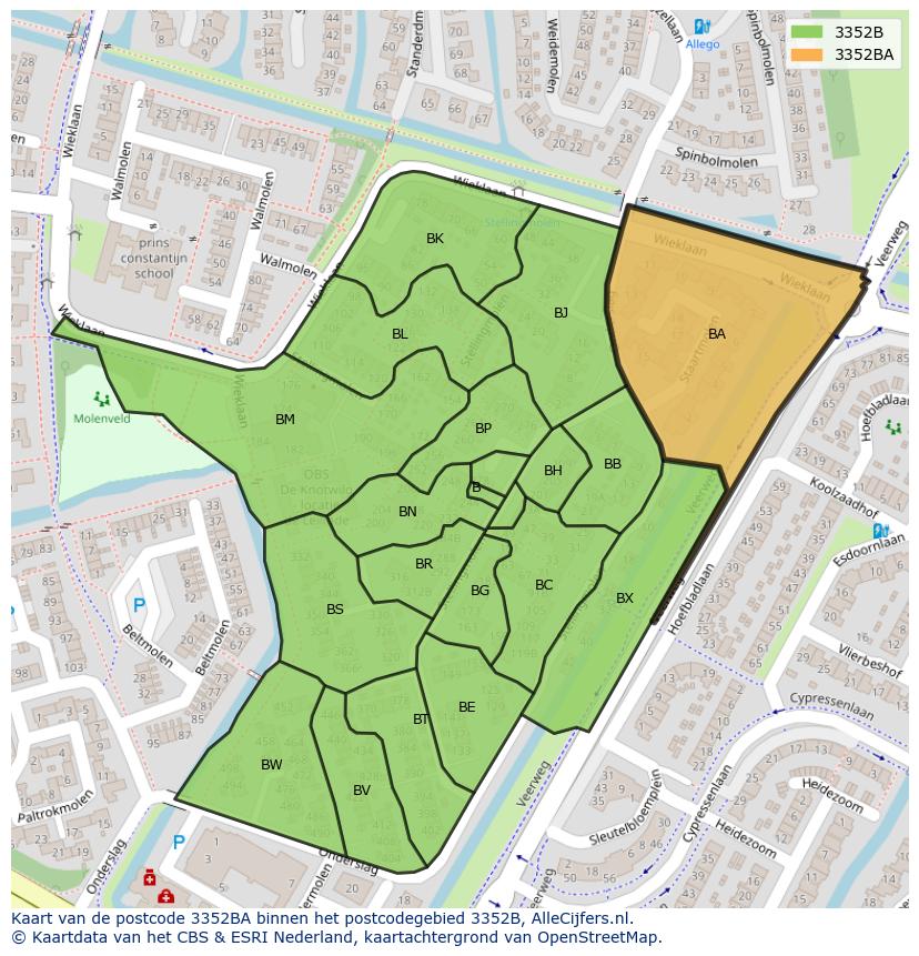 Afbeelding van het postcodegebied 3352 BA op de kaart.