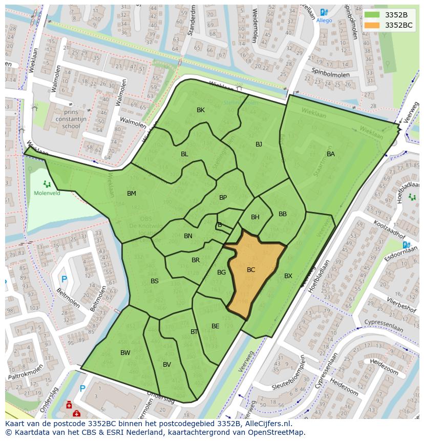 Afbeelding van het postcodegebied 3352 BC op de kaart.