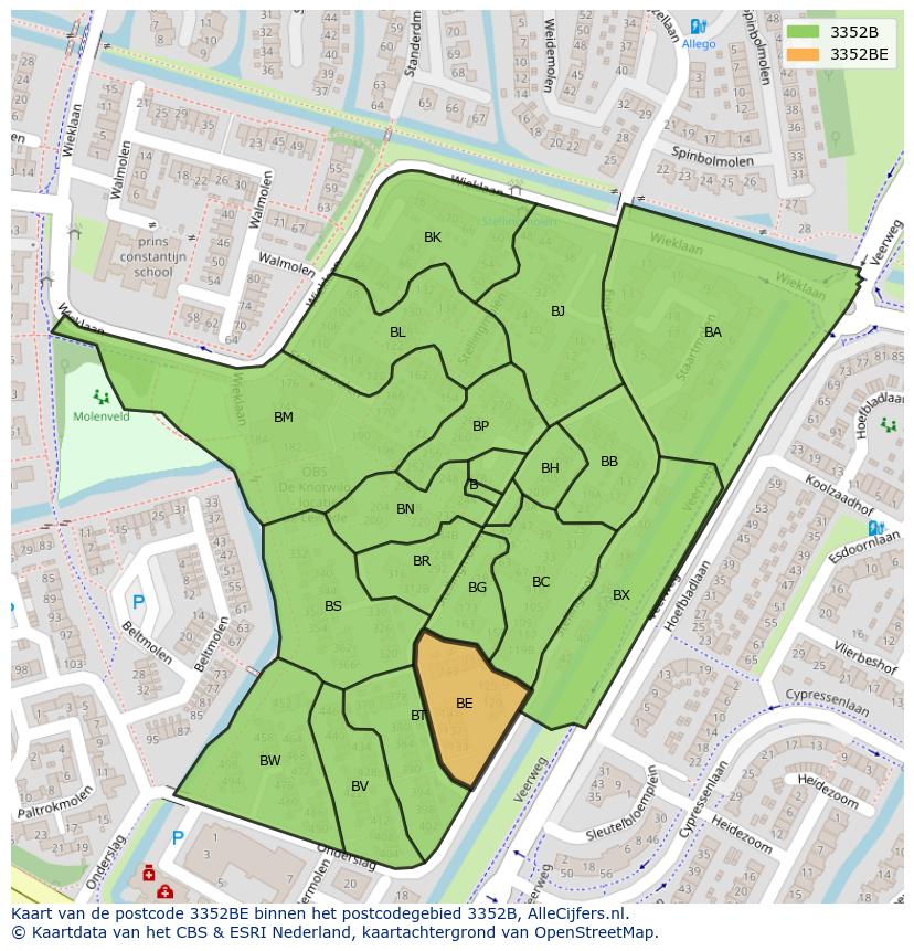 Afbeelding van het postcodegebied 3352 BE op de kaart.