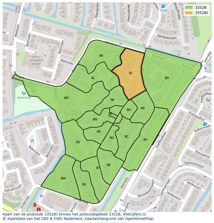 Afbeelding van het postcodegebied 3352 BJ op de kaart.