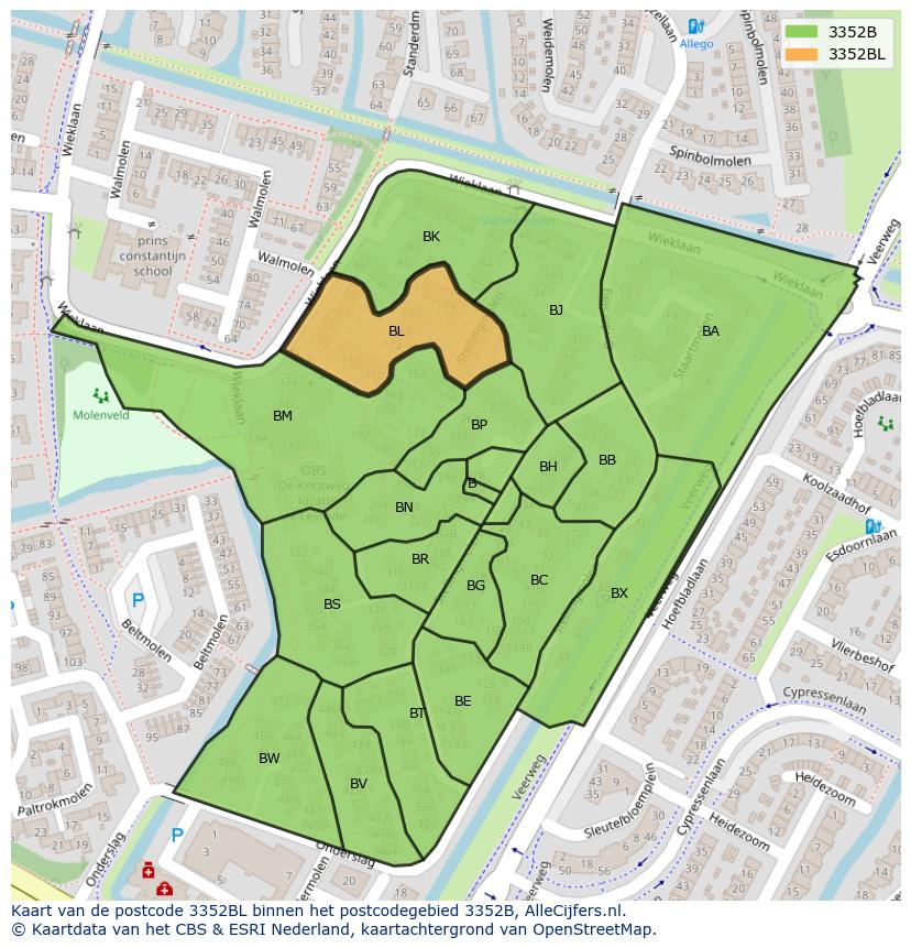 Afbeelding van het postcodegebied 3352 BL op de kaart.