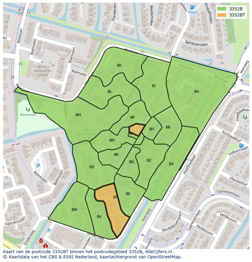 Afbeelding van het postcodegebied 3352 BT op de kaart.